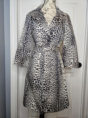 Chapter One Size 4 Leopard Print Trench Coat Black Cream 3/4 Sleeve Lightweight